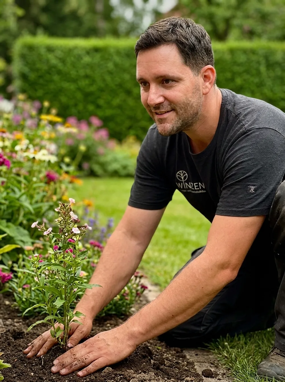 Stephan L. Winzen bei der Beetpflege in einem Garten